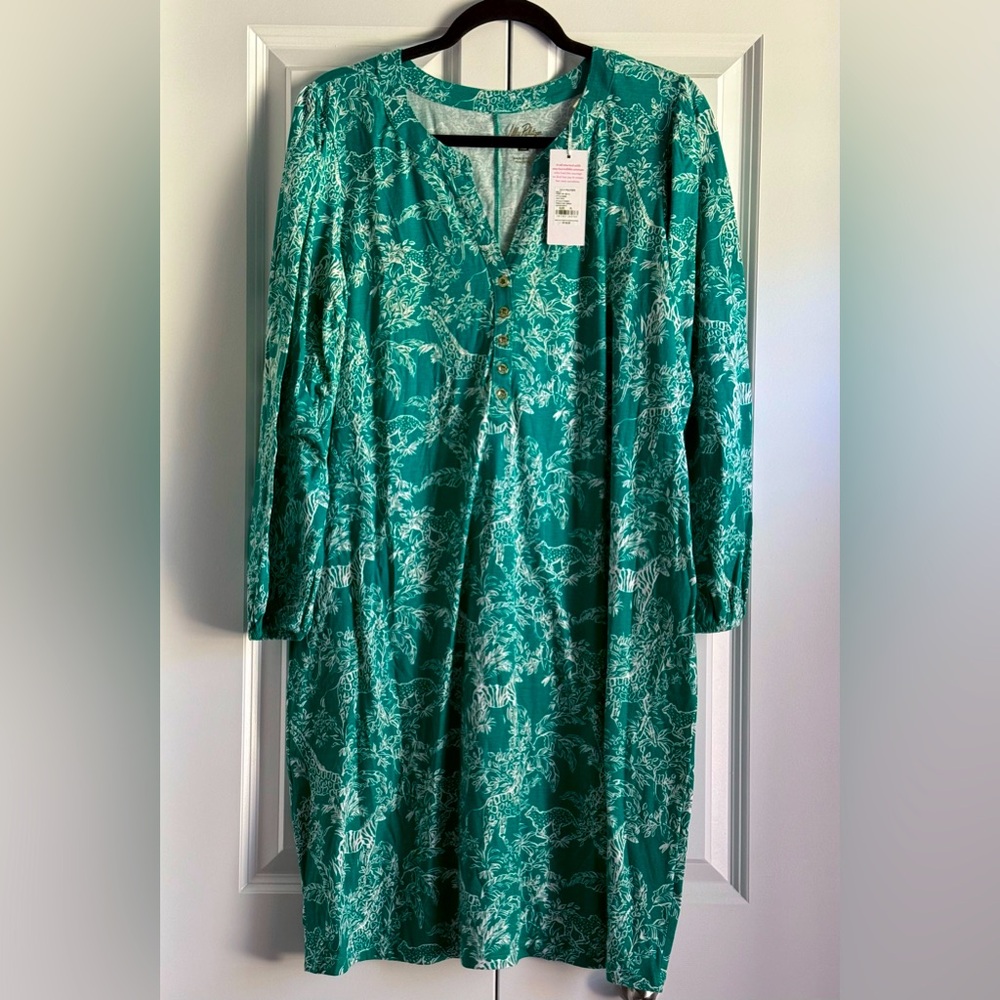 Lilly Pulitzer XL Fiddle Leaf Green SAFARI PARTY EMERY DRESS 3/4 Sleeve NWT